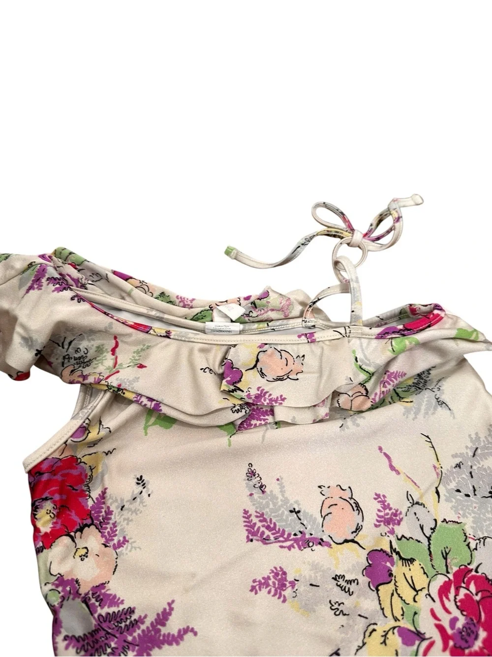 Zimmermann Garden Floral Girls' One-Shoulder Floral Swimsuit - Cream
